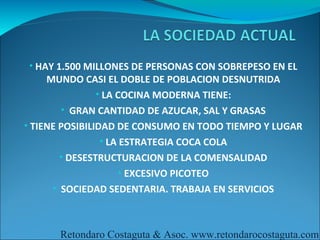 • HAY 1.500 MILLONES DE PERSONAS CON SOBREPESO EN EL
     MUNDO CASI EL DOBLE DE POBLACION DESNUTRIDA
                • LA COCINA MODERNA TIENE:
        • GRAN CANTIDAD DE AZUCAR, SAL Y GRASAS
• TIENE POSIBILIDAD DE CONSUMO EN TODO TIEMPO Y LUGAR
                 • LA ESTRATEGIA COCA COLA
        • DESESTRUCTURACION DE LA COMENSALIDAD
                      • EXCESIVO PICOTEO
      • SOCIEDAD SEDENTARIA. TRABAJA EN SERVICIOS



      Retondaro Costaguta & Asoc. www.retondarocostaguta.com
 