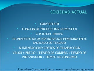 •  GARY BECKER
       • FUNCION DE PRODUCCION DOMESTICA
               • COSTO DEL TIEMPO
•   INCREMENTO DE LA PARTICIPACION FEMENINA EN EL
                 MERCADO DE TRABAJO
     • ALIMENTACION Y COSTOS DE TRANSACCION
•   VALOR = PRECIO + TIEMPO DE COMPRA + TIEMPO DE
          PREPARACION + TIEMPO DE CONSUMO


       Retondaro Costaguta & Asoc. www.retondarocostaguta.com
 