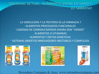 • LA VERDULERIA Y LA FRUTERIA ES LA FARMACIA ?
          • ALIMENTOS PROCESADOS FUNCIONALES
   • CADENAS DE COMIDAS RAPIDAS AHORA SON “VERDES”
                • ALIMENTOS O VITAMINAS
             •ALIMENTOS Y DIETAS GENETICAS
• SISTEMAS ABIERTOS INNOVADORES INESTABLES Y COMPLEJOS




     Retondaro Costaguta & Asoc. www.retondarocostaguta.com
 