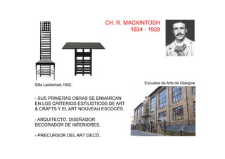 CH. R. MACKINTOSH
1834 - 1928
Escuelas de Arte de GlasgowSilla Ladderbak.1902.
- SUS PRIMERAS OBRAS SE ENMARCAN
EN LOS CRI...