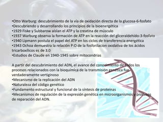 •Otto Warburg: descubrimiento de la vía de oxidación directa de la glucosa-6-fosfato
•Descubriendo y desarrollando los principios de la bioenergética
•1929 Fiske y Subbarow aíslan el ATP y la creatina de músculo
•1937 Warburg observa la formación de ATP en la reacción del gliceraldehído-3-fosfato
•1940 Lipmann postula el papel del ATP en los ciclos de transferencia energética
•1943 Ochoa demuestra la relación P:O de la fosforilacion oxidativa de los ácidos
tricarboxílicos es de 3.0
•Estudios de Claude en 1940-1945 sobre mitocondrias
A partir del descubrimiento del ADN, el avance del conocimiento de todos los
procesos relacionados con la bioquímica de la transmisión genética fue
verdaderamente vertiginoso
•Mecanismo de la replicación del ADN
•Naturaleza del código genético
•Fundamento estructural y funcional de la síntesis de proteínas
•Mecanismos de regulación de la expresión genética en microorganismos y procesos
de reparación del ADN.
 