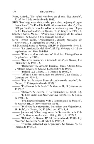 Prats, Alfredo, “No habrá cambios en el FCE, dice Azuela”,
Excélsior, 12 de noviembre de 1965.
RHS, “Los programas de actividad para el extranjero y el orgu-
llo nacional”, “La Franklin Publications contesta al FCE” y “Un
diálogo fructífero entre los editores mexicanos y sus colegas
de los Estados Unidos”, La Gaceta, IX, 93 (mayo de 1962), 5.
Sánchez Sarto, Manuel, “Permanente mensaje de las obras
clásicas”, La Gaceta, 54 (febrero de 1959), 2.
Silva Herzog, Jesús, “Presentación”, Revista Mexicana de
Economía, I, 1 (septiembre de 1928), 1-4.
S./f. [Anuncio], Letras de México, VIII, IV, 14 (febrero de 1944), 2.
———, “La distribución del libro”, El Hijo Pródigo, 42 (15 de
septiembre de 1946), 393-394.
———, “El FCE en el XV aniversario”, Noticiero Bibliográfico, 6
(septiembre de 1949).
———, “Nuestros concursos a través de XELA”, La Gaceta, I, 4
(diciembre de 1954), 2.
———, “Discursos” [de Antonio Carrillo Flores, Alfonso Caso
y Alfonso Reyes], La Gaceta, I, 2 (octubre de 1954).
———, “Balcón”, La Gaceta, II, 7 (marzo de 1955), 3.
———, “Alfonso Caso pronuncia su discurso”, La Gaceta, 2
(octubre de 1955), 3.
———, “Por la cultura y el libro: el comienzo de un plan”, La
Gaceta, II, 13 (septiembre de 1955), 1.
———, “Problemas de la Patria”, La Gaceta, II, 14 (octubre de
1955), 2.
———, “Balcón”, La Gaceta, II, 16 (diciembre de 1955), 1-3.
———, “El libro en las dos Américas”, La Gaceta, III, 22 (junio
de 1956), 2.
———, “Una nueva colección. Vida y Pensamiento de México”,
La Gaceta, III, 27 (noviembre de 1956), 1.
———, “Bibliografía y tipografía. Entrevista con Alejandro A.
M. Stols”, La Gaceta, IV, 32 (abril de 1957), 1, 4.
———, [Anuncio], “Cien programas de ‘Invitación a la Cul-
tura’ ”, La Gaceta, suplemento bibliográfico, 1 (1957), 2.
———, “Balcón”, La Gaceta, IV, 39 (noviembre de 1957), 3; y
“Balcón”, La Gaceta, V, 44 (abril de 1958), 2.
———, “Nuestra actividad en Argentina”, La Gaceta, V, 43
(marzo de 1958), 3.
420 BIBLIOGRAFÍA
 