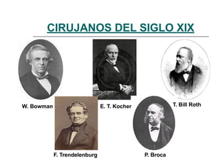 CIRUJANOS DEL SIGLO XIX
W. Bowman E. T. Kocher T. Bill Roth
F. Trendelenburg P. Broca
 