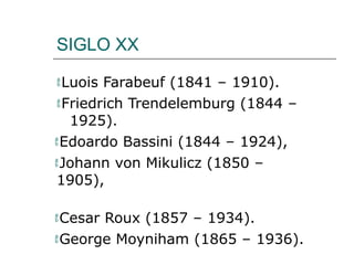SIGLO XX
Luois Farabeuf (1841 – 1910).
Friedrich Trendelemburg (1844 –
1925).
Edoardo Bassini (1844 – 1924),
Johann von Mikulicz (1850 –
1905),
Cesar Roux (1857 – 1934).
George Moyniham (1865 – 1936).
 