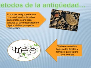El hombre antiguo solía usar
rocas de todos los tamaños
como método para hacer
cálculos ya que necesitaban de
objetos visibles para poder
representarlo




                                  También se usaban
                                 hojas de los árboles y
                                 ramitas o palitos para
                                     hacer cuentas
 