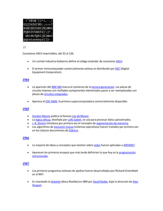 Caracteres ASCII imprimibles, del 32 al 126.

       Un comité Industria-Gobierno define el código estándar de caracteres ASCII.

       El primer minicomputador comercialmente exitoso es distribuido por DEC (Digital
        Equipment Corporation).

1964

       La aparición del IBM 360 marca el comienzo de la tercera generación. Las placas de
        circuito impreso con múltiples componentes elementales pasan a ser reemplazadas con
        placas de circuitos integrados.

       Aparece el CDC 6600, la primera supercomputadora comercialmente disponible.

1965

       Gordon Moore publica la famosa Ley de Moore.
       La lógica difusa, diseñada por Lofti Zadeh, se usó para procesar datos aproximados.
       J. B. Dennis introduce por primera vez el concepto de segmentación de memoria.
       Los algoritmos de exclusión mutua (sistemas operativos) fueron tratados por primera vez
        en los clásicos documentos de Dijkstra.

1966

       La mayoría de ideas y conceptos que existían sobre redes fueron aplicadas a ARPANET.

       Aparecen los primeros ensayos que más tarde definirían lo que hoy es la programación
        estructurada.

1967

       Los primeros programas exitosos de ajedrez fueron desarrollados por Richard Greenblatt
        en el MIT.

       Es inventado el diskette (disco flexible) en IBM por David Noble, bajo la dirección de Alan
        Shugart.
 
