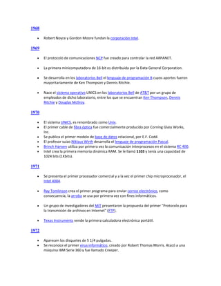 1968

      Robert Noyce y Gordon Moore fundan la corporación Intel.

1969

      El protocolo de comunicaciones NCP fue creado para controlar la red ARPANET.

      La primera minicomputadora de 16-bit es distribuida por la Data General Corporation.

      Se desarrolla en los laboratorios Bell el lenguaje de programación B cuyos aportes fueron
       mayoritariamente de Ken Thompson y Dennis Ritchie.

      Nace el sistema operativo UNICS en los laboratorios Bell de AT&T por un grupo de
       empleados de dicho laboratorio, entre los que se encuentran Ken Thompson, Dennis
       Ritchie y Douglas Mcllroy.

1970

      El sistema UNICS, es renombrado como Unix.
      El primer cable de fibra óptica fue comercialmente producido por Corning Glass Works,
       Inc.
      Se publica el primer modelo de base de datos relacional, por E.F. Codd.
      El profesor suizo Niklaus Wirth desarrolla el lenguaje de programación Pascal.
      Brinch Hansen utiliza por primera vez la comunicación interprocesos en el sistema RC 400.
      Intel crea la primera memoria dinámica RAM. Se le llamó 1103 y tenía una capacidad de
       1024 bits (1Kbits).

1971

      Se presenta el primer procesador comercial y a la vez el primer chip microprocesador, el
       Intel 4004.

      Ray Tomlinson crea el primer programa para enviar correo electrónico, como
       consecuencia, la arroba se usa por primera vez con fines informáticos.

      Un grupo de investigadores del MIT presentaron la propuesta del primer "Protocolo para
       la transmisión de archivos en Internet" (FTP).

      Texas Instruments vende la primera calculadora electrónica portátil.

1972

      Aparecen los disquetes de 5 1/4 pulgadas.
      Se reconoce el primer virus informático, creado por Robert Thomas Morris. Atacó a una
       máquina IBM Serie 360 y fue llamado Creeper.
 