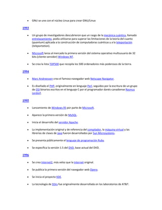     GNU se une con el núcleo Linux para crear GNU/Linux

1993

      Un grupo de investigadores descubrieron que un rasgo de la mecánica cuántica, llamado
       entrelazamiento, podía utilizarse para superar las limitaciones de la teoría del cuanto
       (quantum) aplicada a la construcción de computadoras cuánticas y a la teleportación
       (teleportation).

      Microsoft lanza al mercado la primera versión del sistema operativo multiusuario de 32
       bits (cliente-servidor) Windows NT.

      Se crea la lista TOP500 que recopila los 500 ordenadores más poderosos de la tierra.

1994

      Marc Andreessen crea el famoso navegador web Netscape Navigator.

      Es diseñado el PHP, originalmente en lenguaje Perl, seguidos por la escritura de un grupo
       de CGI binarios escritos en el lenguaje C por el programador danés-canadiense Rasmus
       Lerdorf.

1995

      Lanzamiento de Windows 95 por parte de Microsoft.

      Aparece la primera versión de MySQL.

      Inicia el desarrollo del servidor Apache.

      La implementación original y de referencia del compilador, la máquina virtual y las
       librerías de clases de Java fueron desarrollados por Sun Microsystems.

      Se presenta públicamente el lenguaje de programación Ruby.

      Se especifica la versión 1.5 del DVD, base actual del DVD.

1996

      Se crea Internet2, más veloz que la Internet original.

      Se publica la primera versión del navegador web Opera.

      Se inicia el proyecto KDE.

      La tecnología de DjVu fue originalmente desarrollada en los laboratorios de AT&T.
 