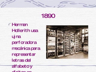 1890 Herman Hollerith usa ujna perforadora mecánica para representar letras del alfabeto y dígitos en tarjetas de papel. 