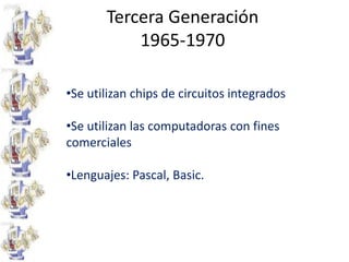 Tercera Generación1965-1970Se utilizan chips de circuitos integrados