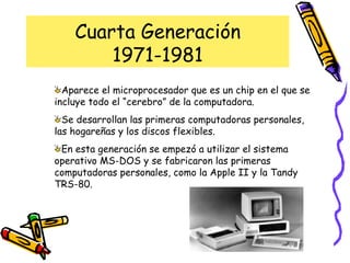 Cuarta Generación 1971-1981 Aparece el microprocesador que es un chip en el que se incluye todo el “cerebro” de la computadora.  Se desarrollan las primeras computadoras personales, las hogareñas y los discos flexibles. En esta generación se empezó a utilizar el sistema operativo MS-DOS y se fabricaron las primeras computadoras personales, como la Apple II y la Tandy TRS-80. 