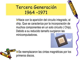 Tercera Generación 1964 –1971 Nace con la aparición del circuito integrado, el chip. Que se caracteriza por la incorporación de muchos componentes en un solo circuito ( Chip). Debido a su reducido tamaño surgieron las minicomputadoras. Se reemplazaron las cintas magnéticas por los primeros discos. 