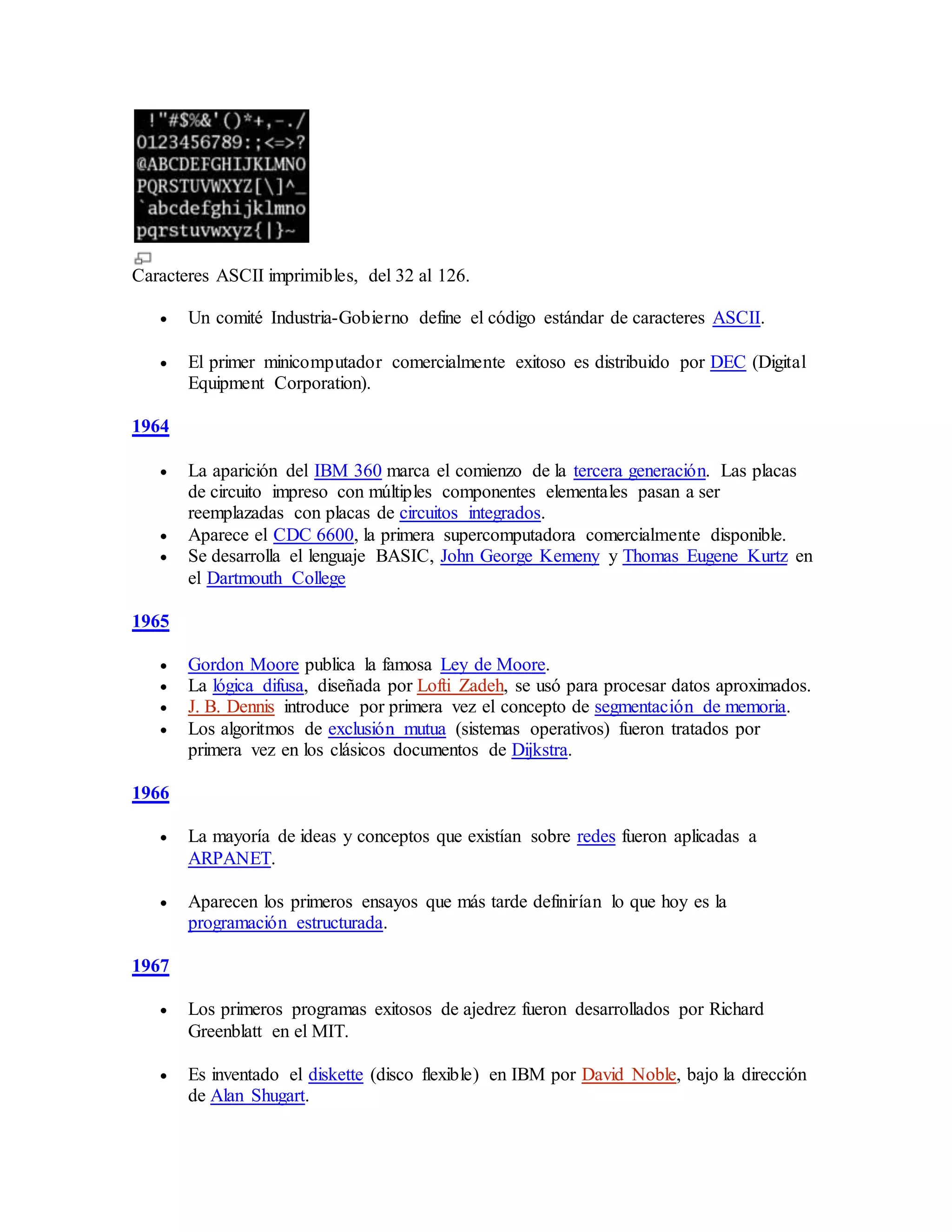 Caracteres ASCII imprimibles, del 32 al 126.
 Un comité Industria-Gobierno define el código estándar de caracteres ASCII.
 El primer minicomputador comercialmente exitoso es distribuido por DEC (Digital
Equipment Corporation).
1964
 La aparición del IBM 360 marca el comienzo de la tercera generación. Las placas
de circuito impreso con múltiples componentes elementales pasan a ser
reemplazadas con placas de circuitos integrados.
 Aparece el CDC 6600, la primera supercomputadora comercialmente disponible.
 Se desarrolla el lenguaje BASIC, John George Kemeny y Thomas Eugene Kurtz en
el Dartmouth College
1965
 Gordon Moore publica la famosa Ley de Moore.
 La lógica difusa, diseñada por Lofti Zadeh, se usó para procesar datos aproximados.
 J. B. Dennis introduce por primera vez el concepto de segmentación de memoria.
 Los algoritmos de exclusión mutua (sistemas operativos) fueron tratados por
primera vez en los clásicos documentos de Dijkstra.
1966
 La mayoría de ideas y conceptos que existían sobre redes fueron aplicadas a
ARPANET.
 Aparecen los primeros ensayos que más tarde definirían lo que hoy es la
programación estructurada.
1967
 Los primeros programas exitosos de ajedrez fueron desarrollados por Richard
Greenblatt en el MIT.
 Es inventado el diskette (disco flexible) en IBM por David Noble, bajo la dirección
de Alan Shugart.
 