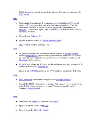 $1,000. Compaq se convirtió en una de los primeros fabricantes en usar micros de
AMD y Cyrix.
1992
 Es introducida la arquitectura de procesadores Alpha diseñada por DEC bajo el
nombre AXP, como reemplazo para la serie de microcomputadores VAX que
comúnmente utilizaban el sistema operativo VMS y que luego originaría el
openVMS. El procesador Alpha 21064 de 64 bits y 200MHz es declarado como el
más rápido del mundo.
 Microsoft lanza Windows 3.1.
 Aparece la primera versión del sistema operativo Solaris.
 GNU comienza a utilizar el núcleo Linux.
1993
 Un grupo de investigadores descubrieron que un rasgo de la mecánica cuántica,
llamado entrelazamiento, podía utilizarse para superar las limitaciones de la teoría
del cuanto (quantum) aplicada a la construcción de computadoras cuánticas y a la
teleportación (teleportation).
 Microsoft lanza al mercado la primera versión del sistema operativo multiusuario de
32 bits (cliente-servidor) Windows NT.
 Se crea la lista TOP500 que recopila los 500 ordenadores más potentes de la tierra.
1994
 Marc Andreessen crea el famoso navegador web Netscape Navigator.
 Es diseñado el PHP, originalmente en lenguaje Perl, seguidos por la escritura de un
grupo de CGI binarios escritos en el lenguaje C por el programador danés-
canadiense Rasmus Lerdorf.
1995
 Lanzamiento de Windows 95 por parte de Microsoft.
 Aparece la primera versión de MySQL.
 Inicia el desarrollo del servidor Apache.
 