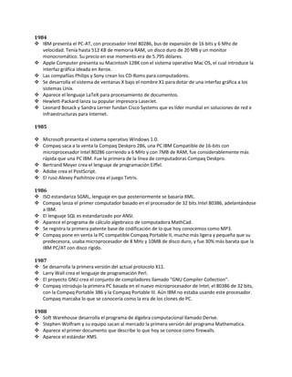 1984
 IBM presenta el PC-AT, con procesador Intel 80286, bus de expansión de 16 bits y 6 Mhz de
   velocidad. Tenía hasta 512 KB de memoria RAM, un disco duro de 20 MB y un monitor
   monocromático. Su precio en ese momento era de 5.795 dólares.
 Apple Computer presenta su Macintosh 128K con el sistema operativo Mac OS, el cual introduce la
   interfaz gráfica ideada en Xerox.
 Las compañías Philips y Sony crean los CD-Roms para computadores.
 Se desarrolla el sistema de ventanas X bajo el nombre X1 para dotar de una interfaz gráfica a los
   sistemas Unix.
 Aparece el lenguaje LaTeX para procesamiento de documentos.
 Hewlett-Packard lanza su popular impresora LaserJet.
 Leonard Bosack y Sandra Lerner fundan Cisco Systems que es líder mundial en soluciones de red e
   infraestructuras para Internet.

1985

 Microsoft presenta el sistema operativo Windows 1.0.
 Compaq saca a la venta la Compaq Deskpro 286, una PC IBM Compatible de 16-bits con
  microprocesador Intel 80286 corriendo a 6 MHz y con 7MB de RAM, fue considerablemente más
  rápida que una PC IBM. Fue la primera de la línea de computadoras Compaq Deskpro.
 Bertrand Meyer crea el lenguaje de programación Eiffel.
 Adobe crea el PostScript.
 El ruso Alexey Pazhitnov crea el juego Tetris.

1986
 ISO estandariza SGML, lenguaje en que posteriormente se basaría XML.
 Compaq lanza el primer computador basado en el procesador de 32 bits Intel 80386, adelantándose
   a IBM.
 El lenguaje SQL es estandarizado por ANSI.
 Aparece el programa de cálculo algebraico de computadora MathCad.
 Se registra la primera patente base de codificación de lo que hoy conocemos como MP3.
 Compaq pone en venta la PC compatible Compaq Portable II, mucho más ligera y pequeña que su
   predecesora, usaba microprocesador de 8 MHz y 10MB de disco duro, y fue 30% más barata que la
   IBM PC/AT con disco rígido.

1987
 Se desarrolla la primera versión del actual protocolo X11.
 Larry Wall crea el lenguaje de programación Perl.
 El proyecto GNU crea el conjunto de compiladores llamado "GNU Compiler Collection".
 Compaq introdujo la primera PC basada en el nuevo microprocesador de Intel; el 80386 de 32 bits,
   con la Compaq Portable 386 y la Compaq Portable III. Aún IBM no estaba usando este procesador.
   Compaq marcaba lo que se conocería como la era de los clones de PC.

1988
 Soft Warehouse desarrolla el programa de álgebra computacional llamado Derive.
 Stephen Wolfram y su equipo sacan al mercado la primera versión del programa Mathematica.
 Aparece el primer documento que describe lo que hoy se conoce como firewalls.
 Aparece el estándar XMS.
 