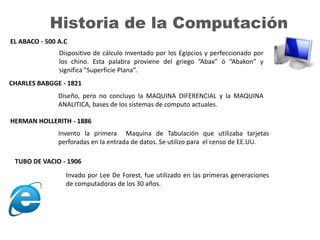 Historia de la Computación
EL ABACO - 500 A.C
Dispositivo de cálculo inventado por los Egipcios y perfeccionado por
los chino. Esta palabra proviene del griego ”Abax” ó “Abakon” y
significa ”Superficie Plana”.
CHARLES BABGGE - 1821
Diseño, pero no concluyo la MAQUINA DIFERENCIAL y la MAQUINA
ANALITICA, bases de los sistemas de computo actuales.
HERMAN HOLLERITH - 1886
Invento la primera Maquina de Tabulación que utilizaba tarjetas
perforadas en la entrada de datos. Se utilizo para el censo de EE.UU.
TUBO DE VACIO - 1906
Invado por Lee De Forest, fue utilizado en las primeras generaciones
de computadoras de los 30 años.

 