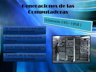 Generaciones de las Computadoras1ra Generación (1951-1958 )Se Usaron tubos al vacio para almacenar informaciónProgramadas en lenguaje de máquina  Uso de cilindros magnéticos para el almacenamiento de informaciónTamaño de la maquinaria sumamente grande