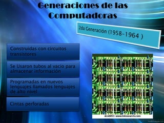 Generaciones de las Computadoras2da Generación (1958-1964 )Construidas con circuitos transistoresSe Usaron tubos al vacio para almacenar informaciónProgramadas en nuevos lenguajes llamados lenguajes de alto nivelCintas perforadas