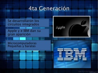 vMicrocomputadoras -Pequeñas y baratasRevolución informática4ta GeneraciónSe desarrollaron los circuitos integradosApple y e IBM dan su gran apariciónMicrocomputadoras Pequeñas y baratas