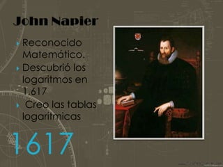John NapierReconocido Matemático.Descubrió los logaritmos en 1,617 Creo las tablas logarítmicas1617