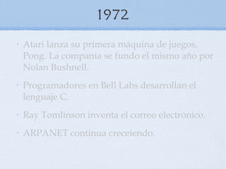 1972 Atari lanza su primera máquina de juegos, Pong. La compania se fundo el mismo año por Nolan Bushnell. Programadores en Bell Labs desarrollan el lenguaje C.  Ray Tomlinson inventa el correo electrónico.  ARPANET continua creceiendo. 