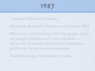 1985 America Online es fundada.  Microsoft desarrolla Windows 1.0 para la IBM.  Bill Gates y John Sculley CEO de Apple, firma un arreglo confidencial concediéndole a Microsoft el derecho de utilizar la interfase gráfica de Apple en sus programas.  Nintendo llega a los Estados Unidos.  