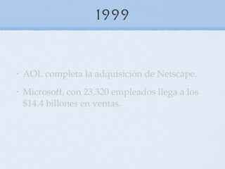 1999 AOL completa la adquisición de Netscape.  Microsoft, con 23,320 empleados llega a los $14.4 billones en ventas. 