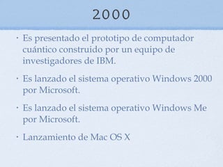2000 Es presentado el prototipo de computador cuántico construido por un equipo de investigadores de IBM.  Es lanzado el sistema operativo Windows 2000 por Microsoft.  Es lanzado el sistema operativo Windows Me por Microsoft.  Lanzamiento de Mac OS X 