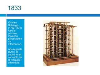 1833

Charles
Babbage
(1792-1871)
ideó la
primera
máquina
procesadora
de
información.

Ada Augusta
Byron, le
ayudó en el
c...