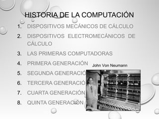 HISTORIA DE LA COMPUTACIÓN
1. DISPOSITIVOS MECÁNICOS DE CÁLCULO
2. DISPOSITIVOS ELECTROMECÁNICOS DE
CÁLCULO
3. LAS PRIMERAS COMPUTADORAS
4. PRIMERA GENERACIÓN
5. SEGUNDA GENERACIÓN
6. TERCERA GENERACIÓN
7. CUARTA GENERACIÓN
8. QUINTA GENERACIÓN
John Von Neumann
 