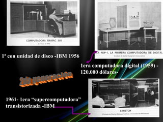 1ª con unidad de disco -IBM 1956
                                   1era computadora digital (1959) -
                                   120.000 dólares-




 1961- 1era “supercomputadora”
 transistorizada -IBM
 