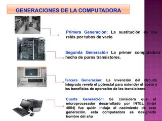 Primera Generación: La sustitución de los
relés por tubos de vacío


Segunda Generación La primer computadora
hecha de puros transistores.




Tercera Generación: La invención del circuito
integrado reveló el potencial para extender el costo y
los beneficios de operación de los transistores.

Cuarta Generación: Se considera que el
microprocesador desarrollado por INTEL (Intel
4004) fue quién indujo el nacimiento de esta
generación, esta computadora es designada
hombre del año
 