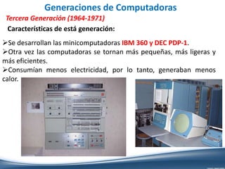 Generaciones de Computadoras
Tercera Generación (1964-1971)
Se desarrollan las minicomputadoras IBM 360 y DEC PDP-1.
Otra vez las computadoras se tornan más pequeñas, más ligeras y
más eficientes.
Consumían menos electricidad, por lo tanto, generaban menos
calor.
Características de está generación:
 