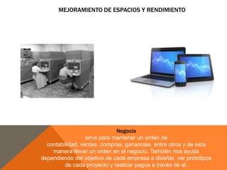 MEJORAMIENTO DE ESPACIOS Y RENDIMIENTO

Negocio
sirve para mantener un orden de
contabilidad, ventas, compras, ganancias, entre otros y de esta
manera llevar un orden en el negocio. También nos ayuda
dependiendo del objetivo de cada empresa a diseñar, ver prototipos
de cada proyecto y realizar pagos a través de el.

 