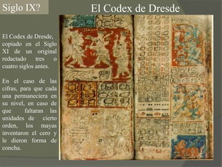 Siglo IX?El Codex de DresdeEl Codex de Dresde, copiado en el Siglo XI de un original redactado tres o cuatro siglos antes.En el caso de las cifras, para que cada una permaneciera en su nivel, en caso de que  faltaran las unidades de  cierto orden, los mayas inventaron el cero y le dieron forma de concha.