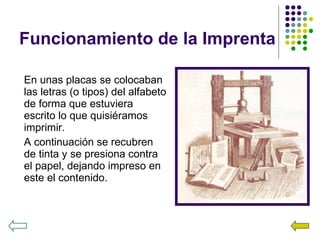 Funcionamiento de la Imprenta En unas placas se colocaban las letras (o tipos) del alfabeto de forma que estuviera escrito lo que quisiéramos imprimir. A continuación se recubren de tinta y se presiona contra el papel, dejando impreso en este el contenido. 