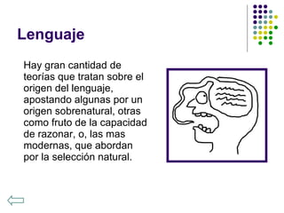Lenguaje Hay gran cantidad de teorías que tratan sobre el origen del lenguaje, apostando algunas por un origen sobrenatural, otras como fruto de la capacidad de razonar, o, las mas modernas, que abordan por la selección natural. 
