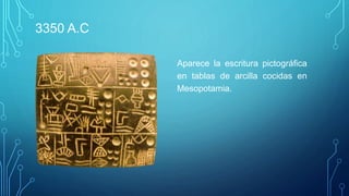 3350 A.C
Aparece la escritura pictográfica
en tablas de arcilla cocidas en
Mesopotamia.
 