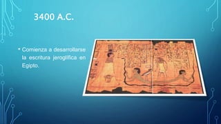 3400 A.C.
• Comienza a desarrollarse
la escritura jeroglífica en
Egipto.
 
