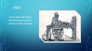 1437
Crean letras de Plomo
llamadas galeras para
imprimir sobre el papel.
 
