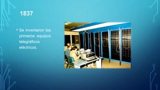 1837
• Se inventaron los
primeros equipos
telegráficos
eléctricos.
 