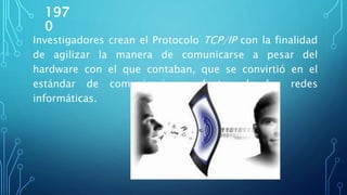 197
0
Investigadores crean el Protocolo TCP/IP con la finalidad
de agilizar la manera de comunicarse a pesar del
hardware con el que contaban, que se convirtió en el
estándar de comunicaciones dentro de las redes
informáticas.
 