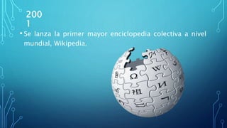 200
1
• Se lanza la primer mayor enciclopedia colectiva a nivel
mundial, Wikipedia.
 