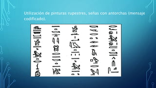 Utilización de pinturas rupestres, señas con antorchas (mensaje
codificado).
 