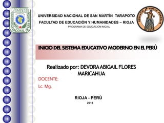 INICIODELSISTEMAEDUCATIVOMODERNOENELPERÚ
UNIVERSIDAD NACIONAL DE SAN MARTÍN TARAPOTO
FACULTAD DE EDUCACIÓN Y HUMANIDADES – RIOJA
PROGRAMA DE EDUCACION INICIAL
RIOJA - PERÚ
2018
Realizado por: DEVORAABIGAILFLORES
MARICAHUA
DOCENTE:
Lc. Mg.
 