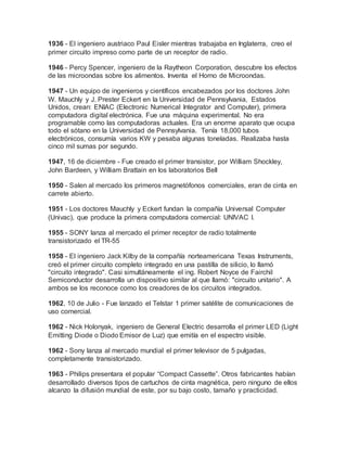 1936 - El ingeniero austriaco Paul Eisler mientras trabajaba en Inglaterra, creo el
primer circuito impreso como parte de un receptor de radio.
1946 - Percy Spencer, ingeniero de la Raytheon Corporation, descubre los efectos
de las microondas sobre los alimentos. Inventa el Horno de Microondas.
1947 - Un equipo de ingenieros y científicos encabezados por los doctores John
W. Mauchly y J. Prester Eckert en la Universidad de Pennsylvania, Estados
Unidos, crean: ENIAC (Electronic Numerical Integrator and Computer), primera
computadora digital electrónica. Fue una máquina experimental. No era
programable como las computadoras actuales. Era un enorme aparato que ocupa
todo el sótano en la Universidad de Pennsylvania. Tenía 18,000 tubos
electrónicos, consumía varios KW y pesaba algunas toneladas. Realizaba hasta
cinco mil sumas por segundo.
1947, 16 de diciembre - Fue creado el primer transistor, por William Shockley,
John Bardeen, y William Brattain en los laboratorios Bell
1950 - Salen al mercado los primeros magnetófonos comerciales, eran de cinta en
carrete abierto.
1951 - Los doctores Mauchly y Eckert fundan la compañía Universal Computer
(Univac), que produce la primera computadora comercial: UNIVAC I.
1955 - SONY lanza al mercado el primer receptor de radio totalmente
transistorizado el TR-55
1958 - El ingeniero Jack Kilby de la compañía norteamericana Texas Instruments,
creó el primer circuito completo integrado en una pastilla de silicio, lo llamó
"circuito integrado". Casi simultáneamente el ing. Robert Noyce de Fairchil
Semiconductor desarrolla un dispositivo similar al que llamó: "circuito unitario". A
ambos se los reconoce como los creadores de los circuitos integrados.
1962, 10 de Julio - Fue lanzado el Telstar 1 primer satélite de comunicaciones de
uso comercial.
1962 - Nick Holonyak, ingeniero de General Electric desarrolla el primer LED (Light
Emitting Diode o Diodo Emisor de Luz) que emitía en el espectro visible.
1962 - Sony lanza al mercado mundial el primer televisor de 5 pulgadas,
completamente transistorizado.
1963 - Philips presentara el popular “Compact Cassette”. Otros fabricantes habían
desarrollado diversos tipos de cartuchos de cinta magnética, pero ninguno de ellos
alcanzo la difusión mundial de este, por su bajo costo, tamaño y practicidad.
 