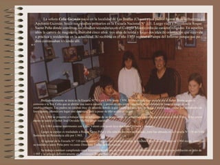 La señora Celia Guzmán nació en la localidad de Las Breñas (Chaco) y sus padres fueron Beatriz Barreras y
 Apolonio Guzmán. Inicia sus estudios primarios en la Escuela Nacional N° 111. Luego viaja a Presidencia Roque
 Saenz Peña donde comienza sus estudios secundarios en el Colegio Misericordia de carácter religioso. En aquellos
 años la carrera de magisterio abarcaba cinco años: tres años de teoría y luego dos años de orientación que equivale
 a práctica y residencias en la actualidad. Al recibirse en el año 1.955 regresó a Pampa del Infierno porque sus pa-
 dres continuaban viviendo allí.




      Profesionalemente se incia en la Escuela N° 111 en 1.956 hasta 1.959. El Director de esta escuela era el Señor Diorio quien le
comenta a la Sra. Celia que se abriría una nueva escuela y pensó en ella como para darle la posibilidad de hacerse cargo de ese
establecimiento. Los padres no estaban muy de acuerdo debido a que estaba del otro lado de la vía y tendría que cruzar por entremedio de
los vagones, además era lugar casi desértico, pero a pesar de ello aceptó el cargo.
     En 1.960 se presentó a trabajar con un telegrama de su designación, en un edificio precario que pertenece a Don Vittar. A los pocos
meses se sumó el Señor José Osvaldo Maffey como maestro.
      En 1.961 contrae matrimonio con Libio Valenti con quien tuvo dos hijos: Mónica y Gerardo.
     Luego su esposo es trasladado a Roque Saenz Peña y ella solicita también su traslado, pero fue ubicada en la Escuela N° 130 de Villa
Sarmiento de Resistencia allá por 1.965.
       Al egresar de la Escuela N° 110 queda como Directora del Establecimiento la docente Olga Valussi. Luego en 1.968 recién consigue
su traslado a saenz Peña pero va como Directora Titular de una escuela.
      Su trabajo continuó cumpliendo entre funciones directivas, de Supervisora y de Directora Regional. Logra su jubilación en julio de
1.985 y se arraigó definitivamente en Presidencia Roque Saenz Peña.
 