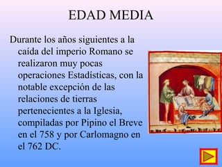 EDAD MEDIA
Durante los años siguientes a la
caída del imperio Romano se
realizaron muy pocas
operaciones Estadísticas, con la
notable excepción de las
relaciones de tierras
pertenecientes a la Iglesia,
compiladas por Pipino el Breve
en el 758 y por Carlomagno en
el 762 DC.
 