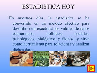 ESTADISTICA HOY
En nuestros días, la estadística se ha
convertido en un método efectivo para
describir con exactitud los valores de datos
económicos, políticos, sociales,
psicológicos, biológicos y físicos, y sirve
como herramienta para relacionar y analizar
dichos datos.
 