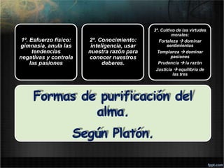 Formas de purificación del
alma.
Según Platón.
1º. Esfuerzo físico:
gimnasia, anula las
tendencias
negativas y controla
las pasiones
2º. Conocimiento:
inteligencia, usar
nuestra razón para
conocer nuestros
deberes.
3º. Cultivo de las virtudes
morales:
Fortaleza  dominar
sentimientos
Templanza  dominar
pasiones
Prudencia  la razón
Justicia  equilibrio de
las tres
 